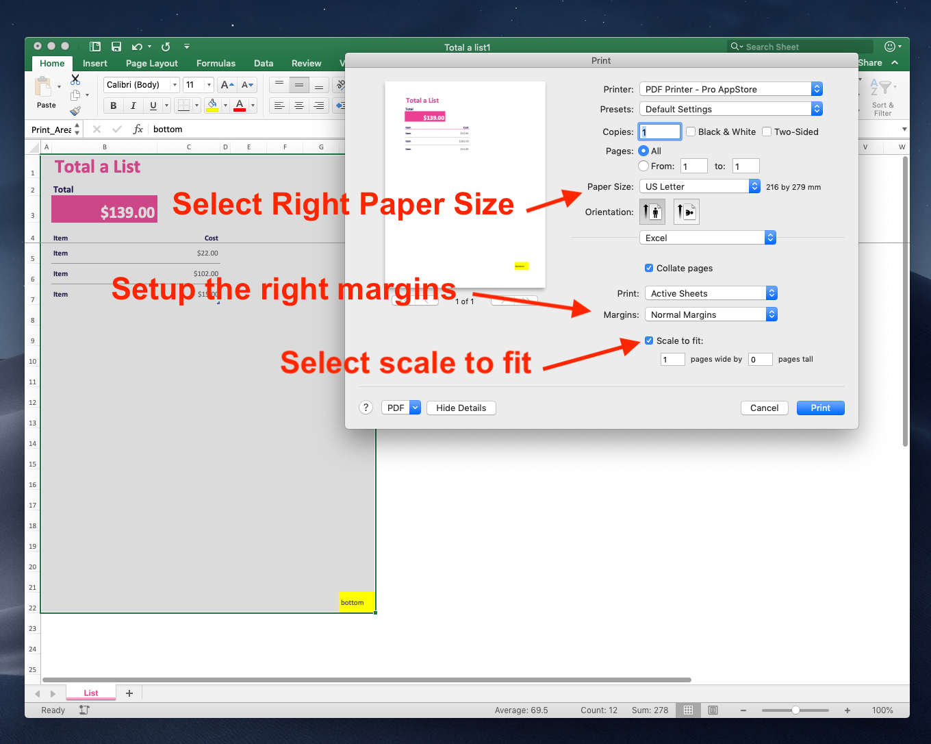 print in excel for mac